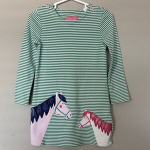 Joules Striped Green & Whie Dress, 2 Horse Design